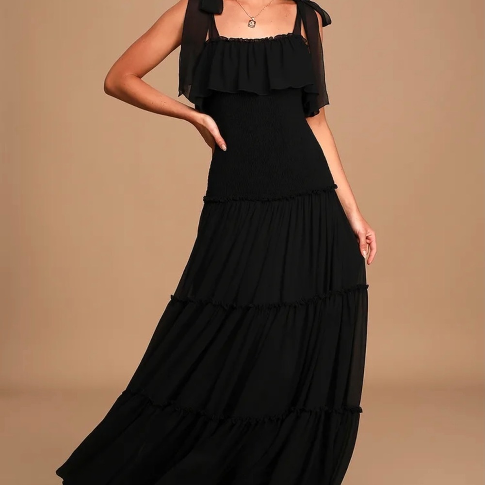 Lulu’s Like a Fairy Tale Black Smocked Tie-Strap Tiered Maxi Dress